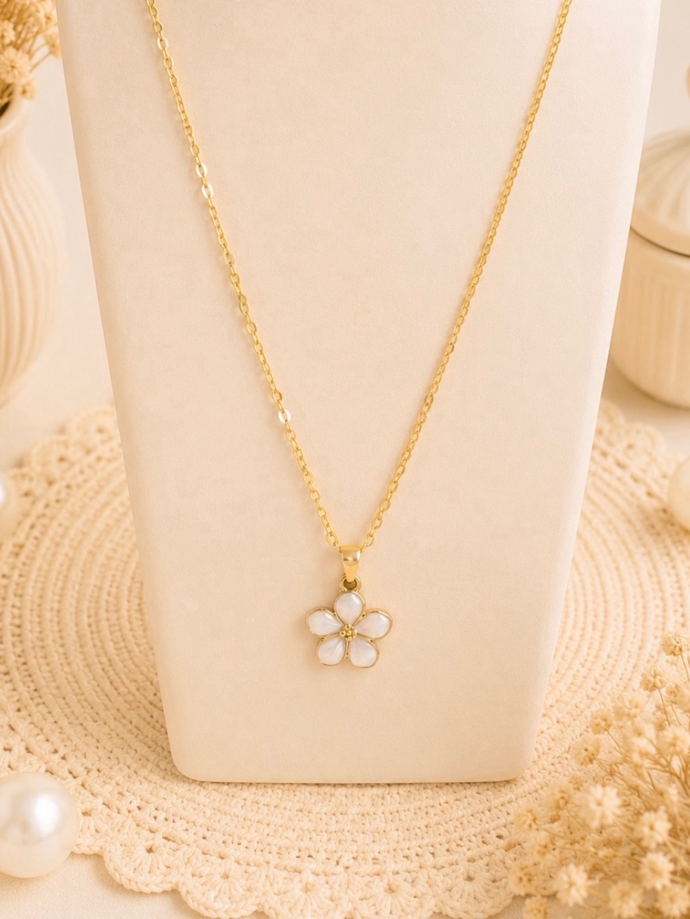 White Flower Enamel Pendant Necklace - Gold Tone Charm-Women Jewelry